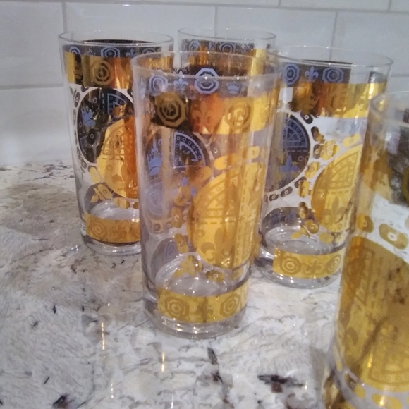 Vintage high ball tumblers set gold & blue fluer de lis & crowns detail - Picture 2 of 5